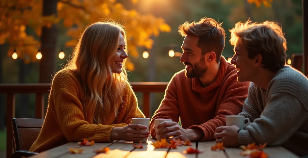 Terrasse d'automne avec chauffage infrarouge créant une ambiance chaleureuse pour une soirée d'octobre.