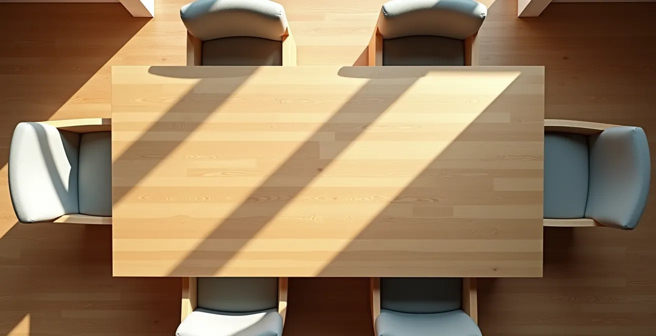 Vue aérienne d'une salle à manger montrant les zones de circulation optimales autour d'une table