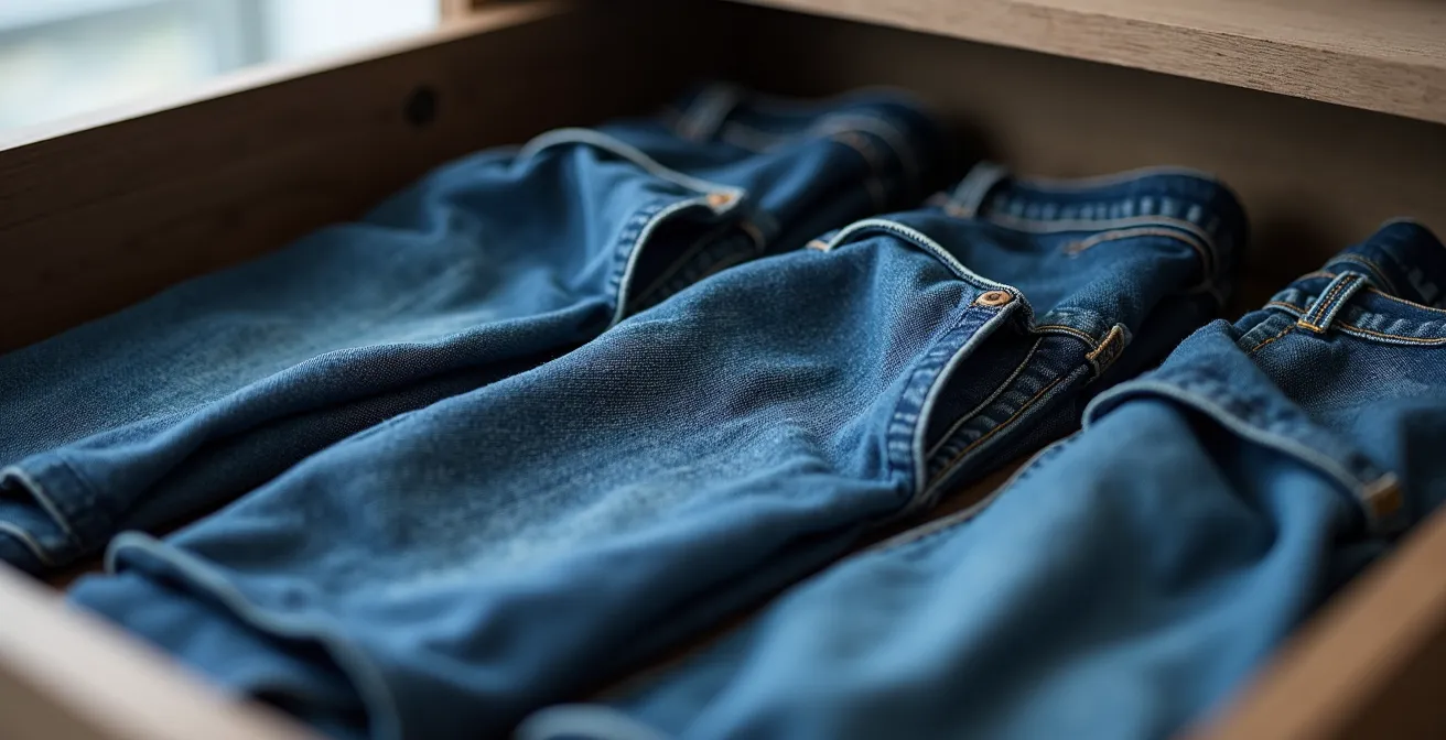 Gros plan sur un tiroir PAX avec pantalons pliés verticalement selon la méthode optimisée