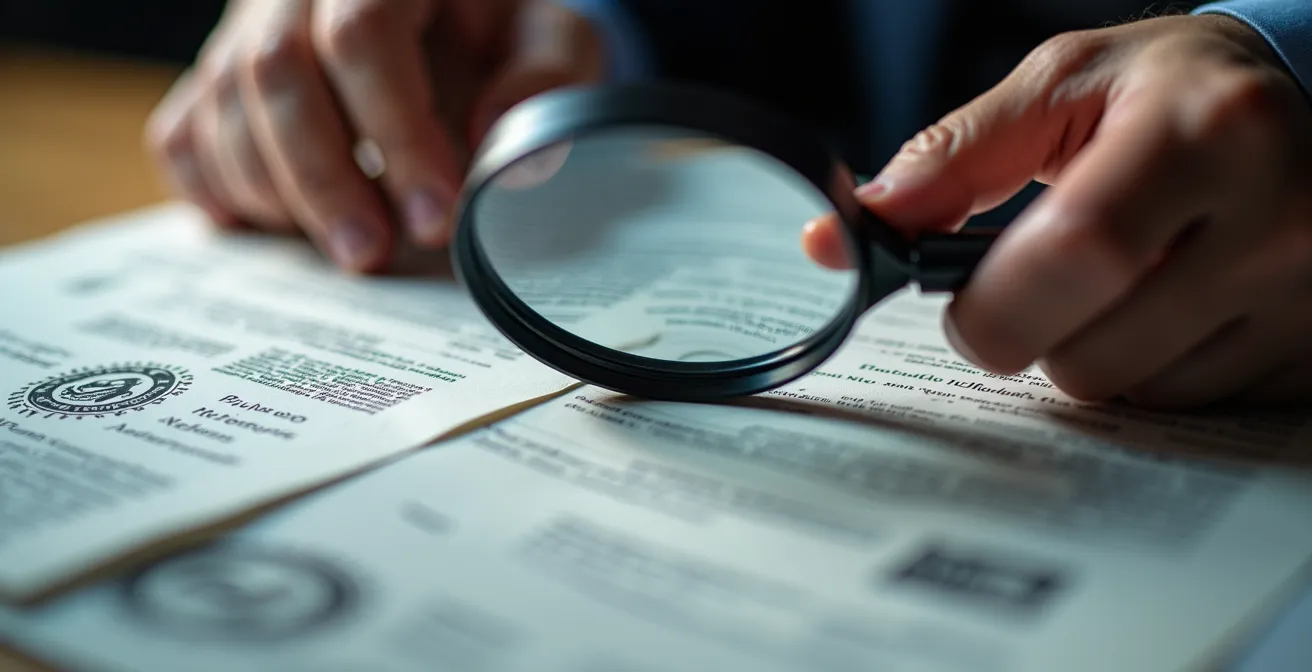 Gros plan sur des mains vérifiant des documents officiels avec une loupe sur une table