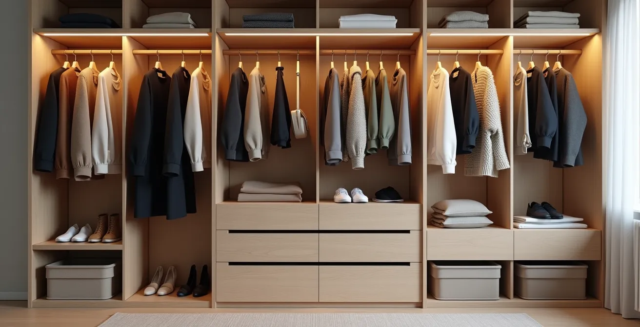 Garde-robe PAX organisé avec sections dédiées pour vêtements d'été et d'hiver
