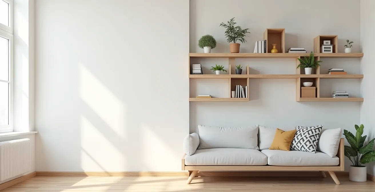 Vue détaillée d'un mur avec rangements verticaux exploitant les zones mortes