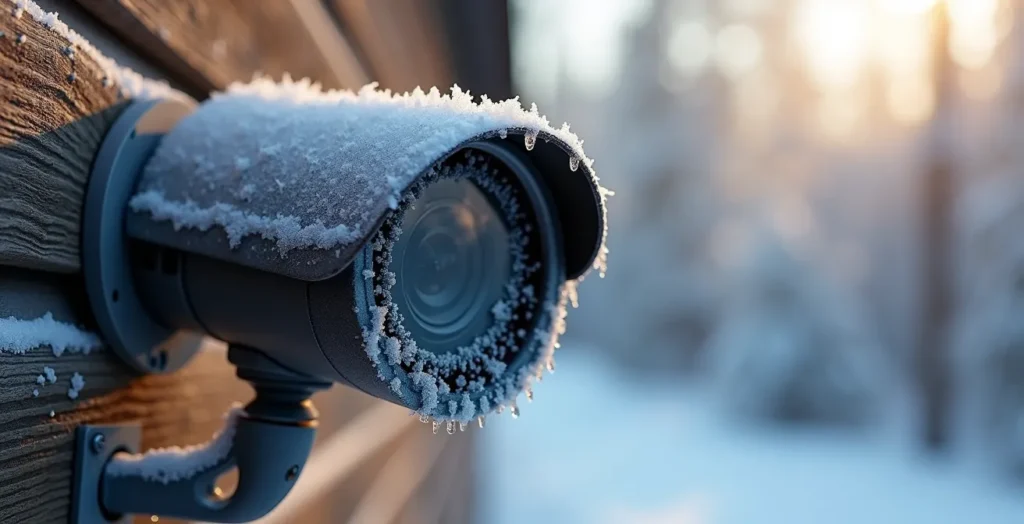 Gros plan sur une caméra de surveillance couverte de givre fonctionnant par grand froid